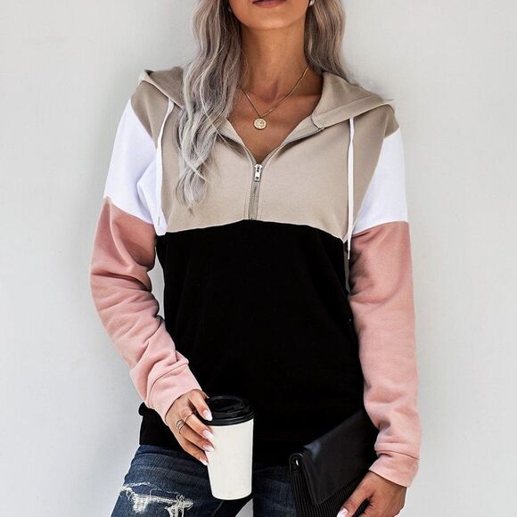 Hoodie Sweater Sweatshirt pink cotton color block quarter zip pullover - Picture 9 of 16